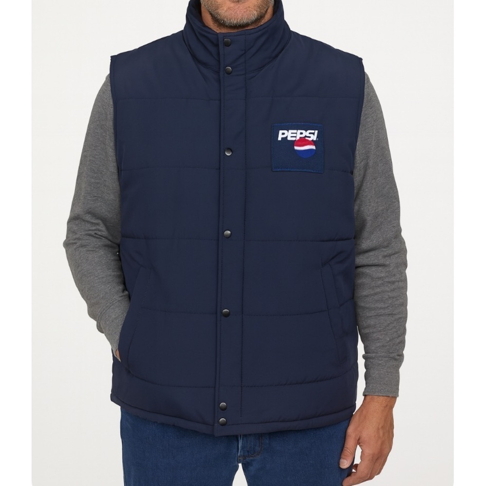 Vintage Mens Pepsi Puffer Vest Navy Blue Embroidered Logo Patch Sz Xl